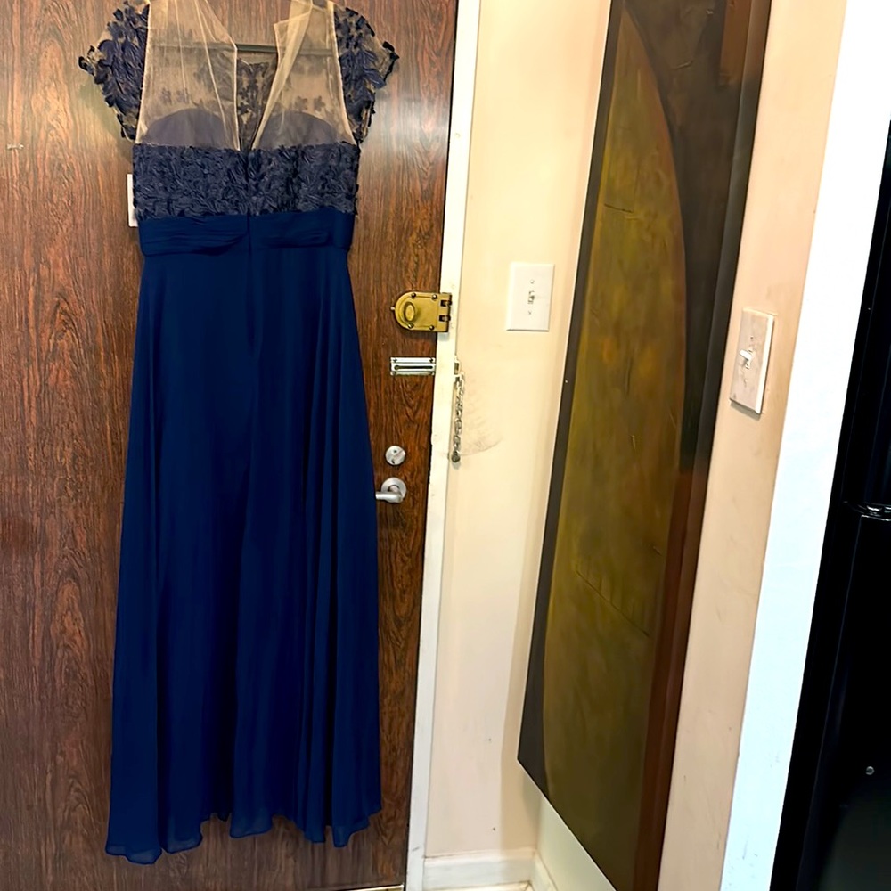 Navy and cream shear top full skirt gown